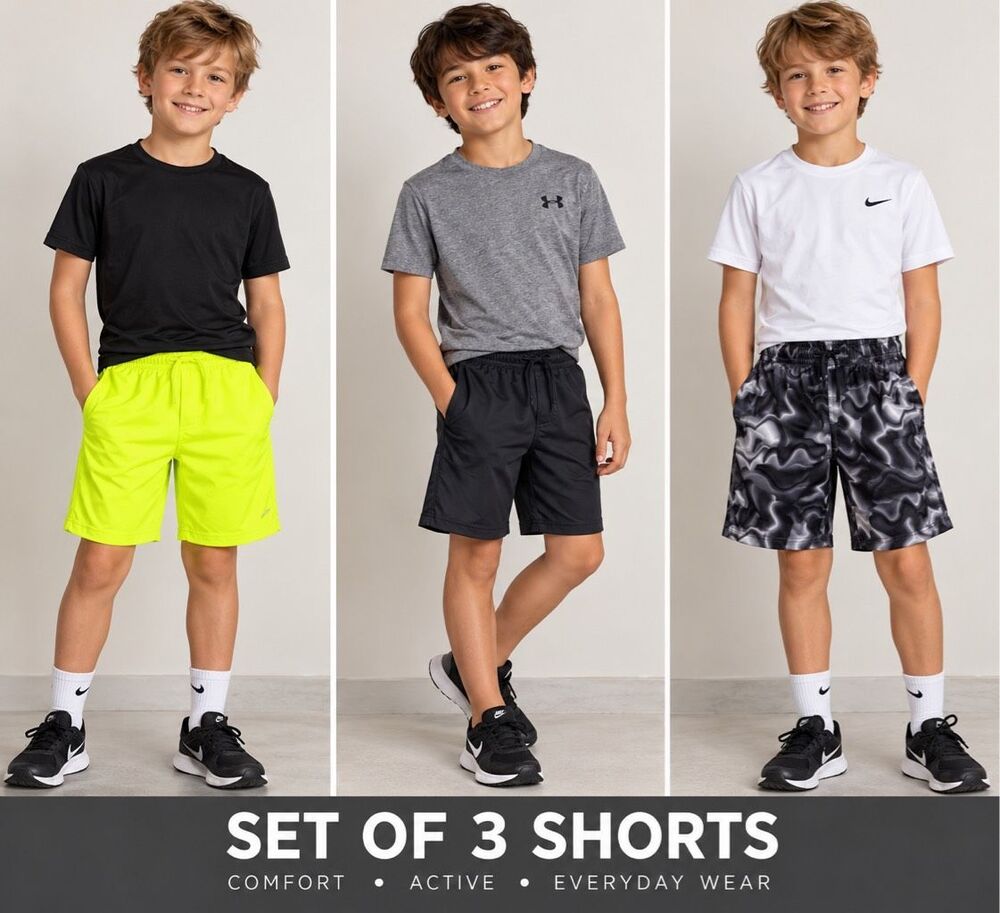 Athletic Works Boys Shorts Set Of 3 Size M 8 Black Neon Yellow Marbled